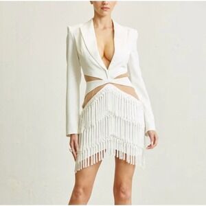 12TH TRIBE White Blazer Dress Fringe Tassels Cutout Sexy Tuxedo Girls Night Chic